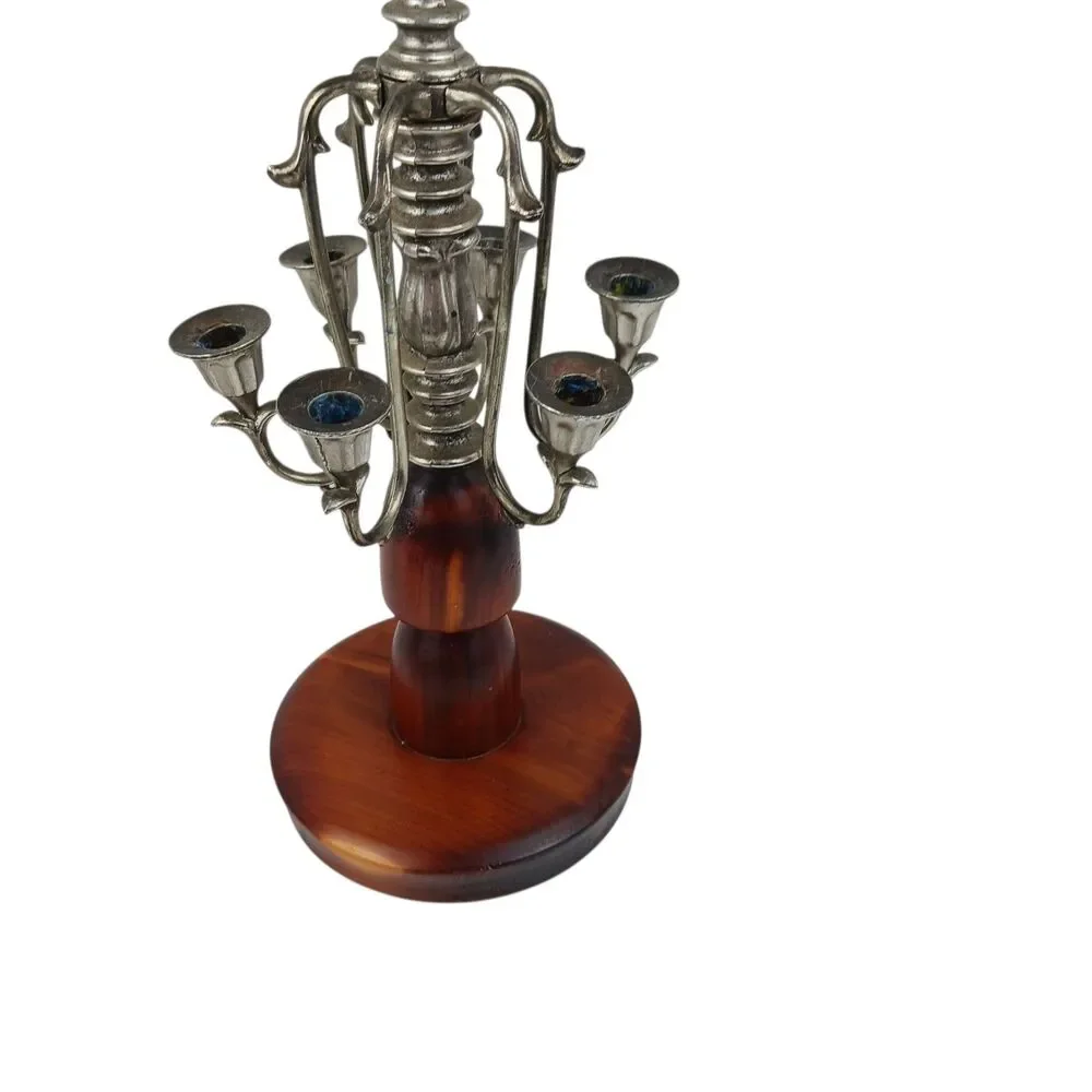 Vtg 6 Arm Wood and Silver Plated Table Candelabra Danish Modern MCM